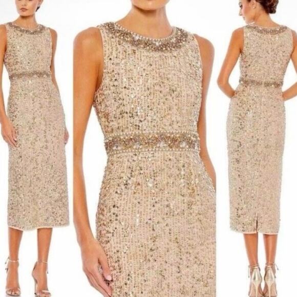 MAC DUGGAL 10739 Sleeveless High Neck Midi Dress Size 6 in Gold MSRP: $398 - Picture 1 of 10